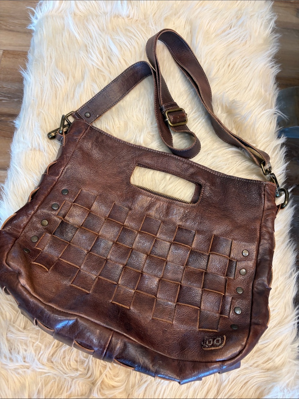 Bed Stu orchid Brown Woven Leather Crossbody Tote